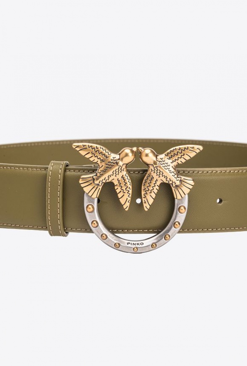 Pinko High-waist Love Birds Belt With Studs 4cm FIR GREEN-ANTIQUE GOLD | SN-PKO34244