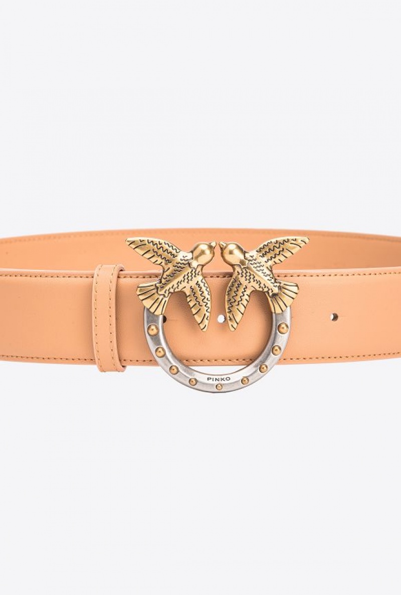 Pinko High-waist Love Birds Belt With Studs 4cm SANDSTORM-ANTIQUE GOLD | SN-PKO34245