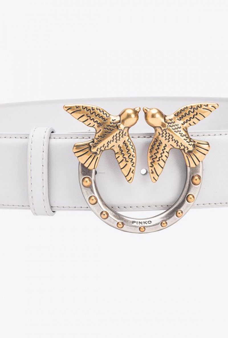 Pinko High-waist Love Birds Belt With Studs 4cm PENGUIN GREY-ANTIQUE GOLD | SN-PKO34246