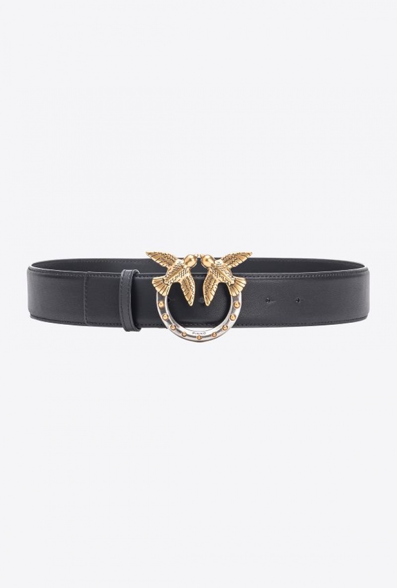 Pinko High-waist Love Birds Belt With Studs 4cm BLACK-ANTIQUE GOLD | SN-PKO34247