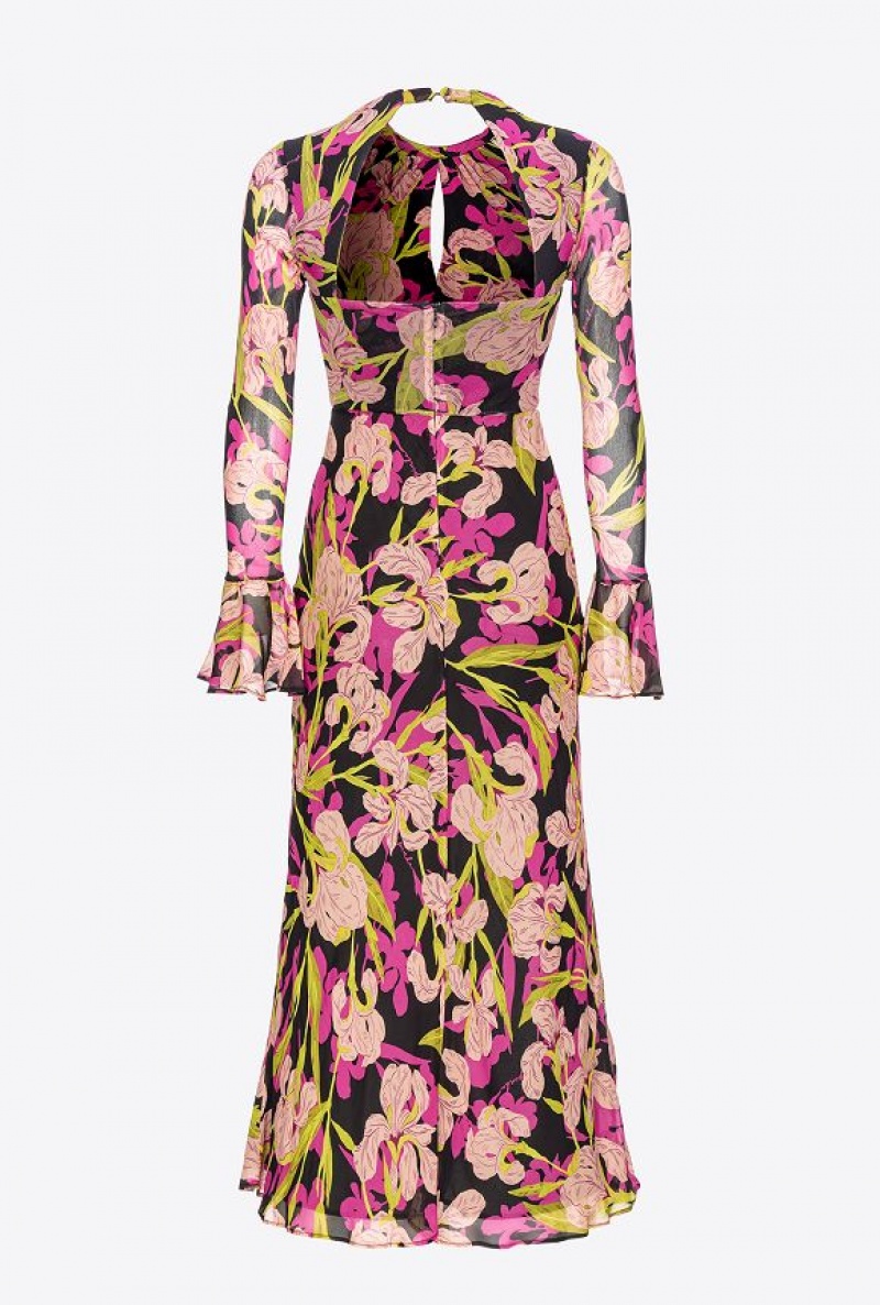 Pinko Iris-print Open-back Dress MULTICOLOUR - BLACK/FUCHSIA | SN-PKO33124