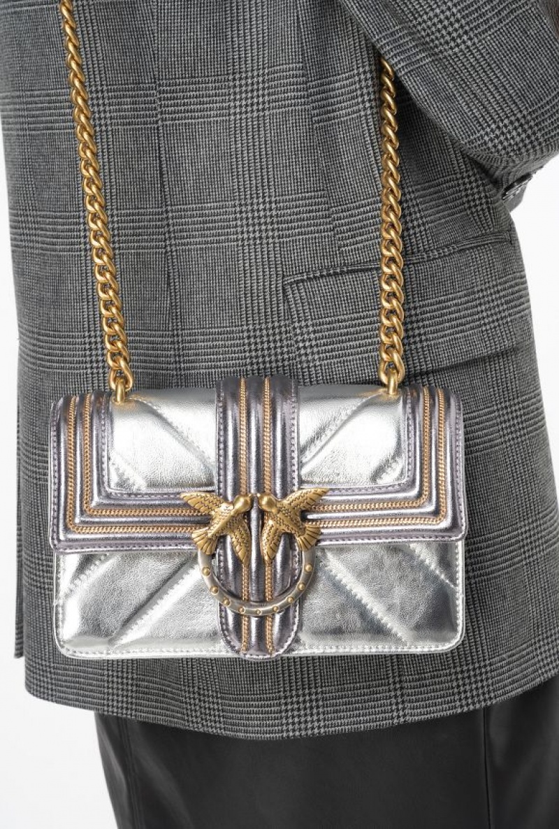 Pinko Laminated Mini Love Bag One With Chain Embroidery SILVER-ANTIQUE GOLD | SN-PKO32827