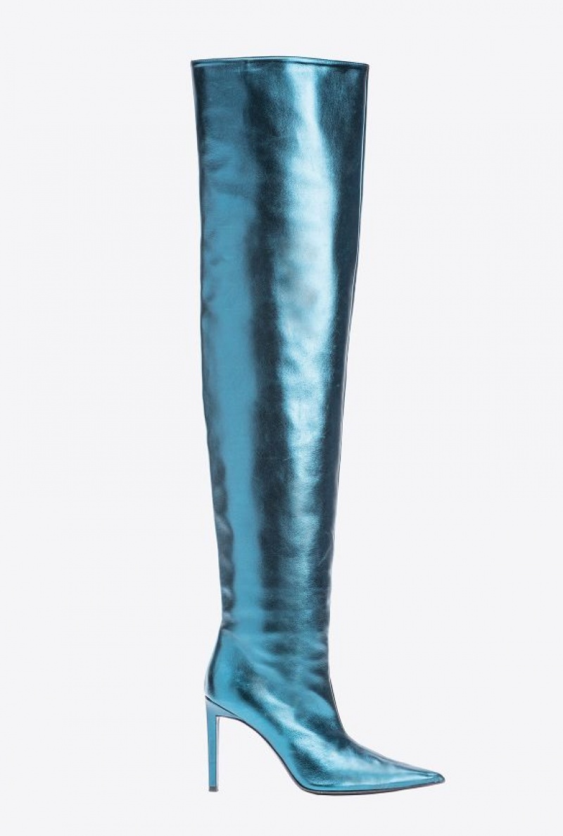 Pinko Laminated Thigh-high Boots PETROL BLUE-PACIFIC BLUE | SN-PKO34143