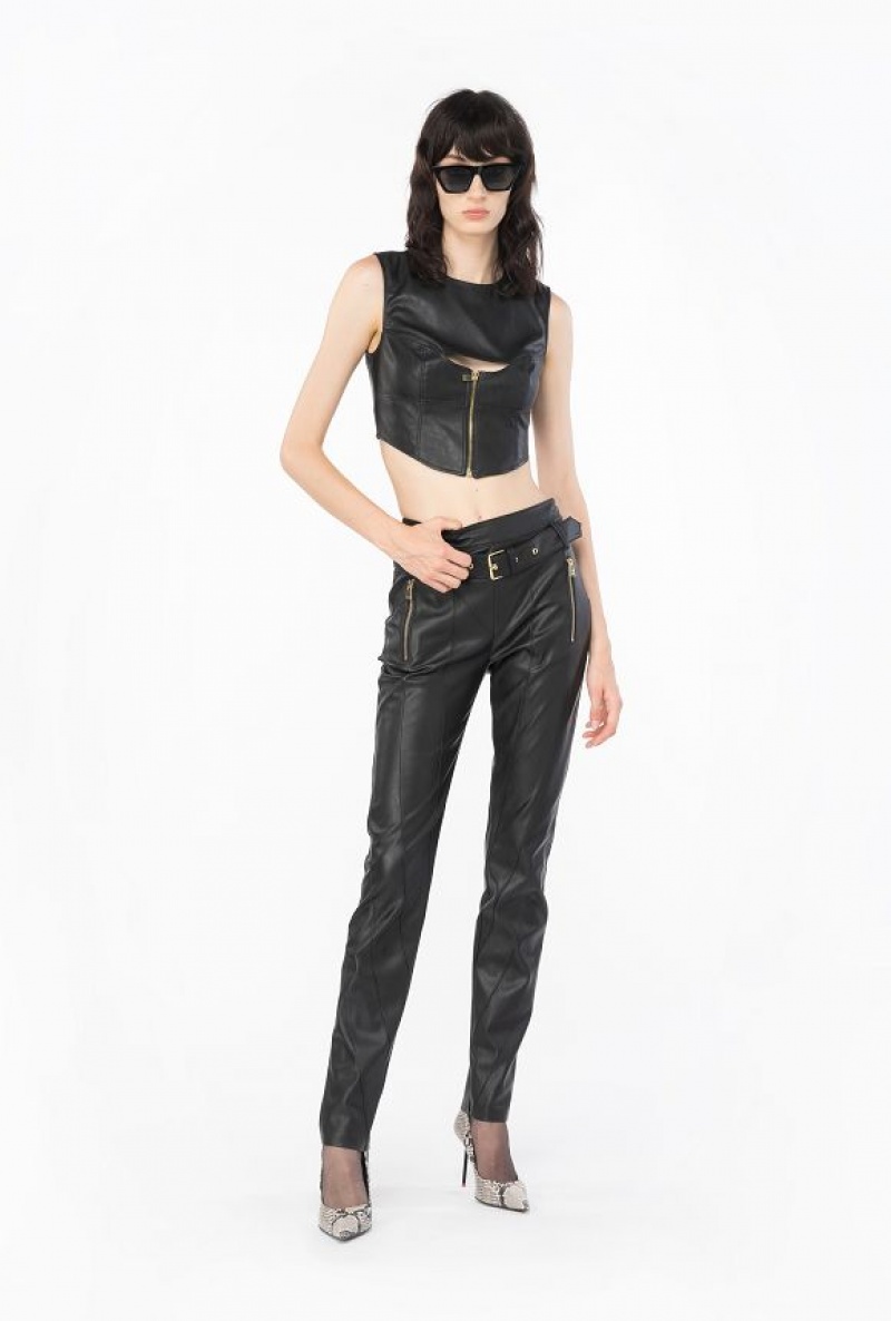 Pinko Leather-effect Crop Top LIMO BLACK | SN-PKO33860