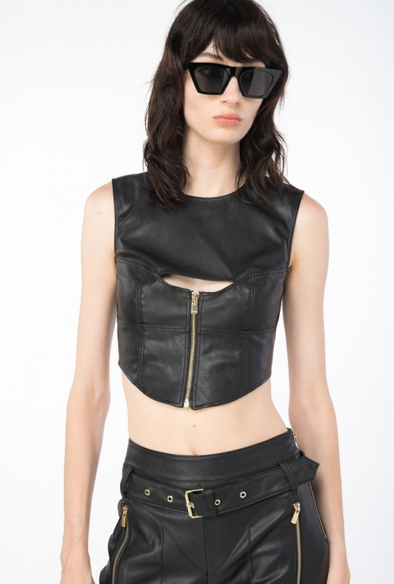 Pinko Leather-effect Crop Top LIMO BLACK | SN-PKO33860