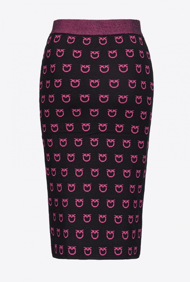 Pinko Logo Jacquard Calf-length Skirt BLACK/FUCHSIA | SN-PKO34039