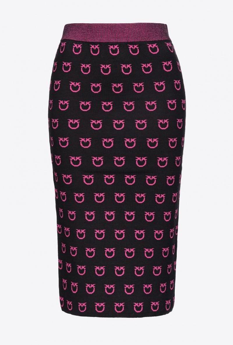 Pinko Logo Jacquard Calf-length Skirt BLACK/FUCHSIA | SN-PKO34039