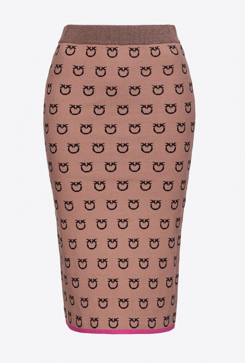 Pinko Logo Jacquard Calf-length Skirt CAMEL/BLACK | SN-PKO33829