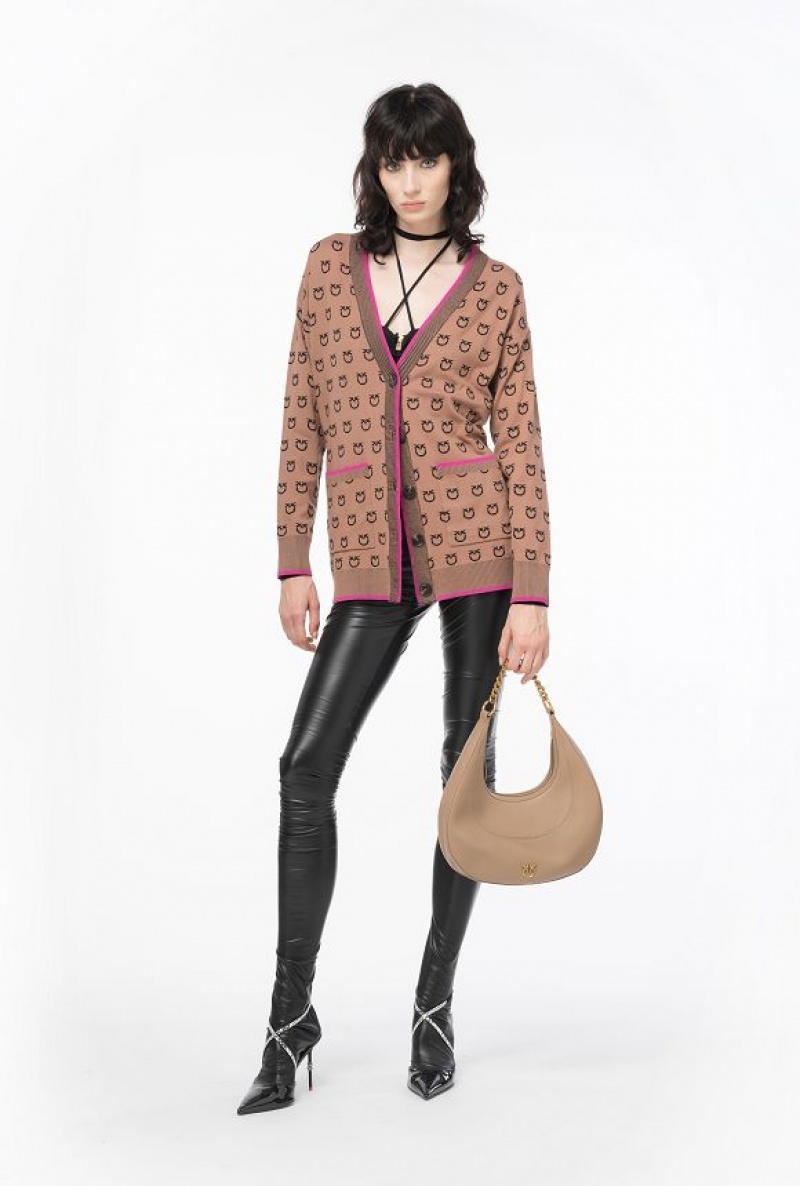 Pinko Logo Jacquard Cardigan CAMEL/BLACK | SN-PKO33831