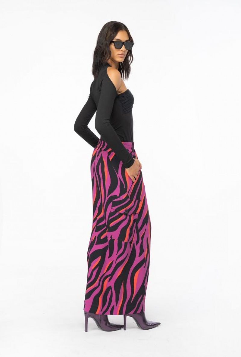 Pinko Long Cargo Skirt With Psychedelic Zebra Print BOUGAINVILLEA/BLACK/ORANGE | SN-PKO34084