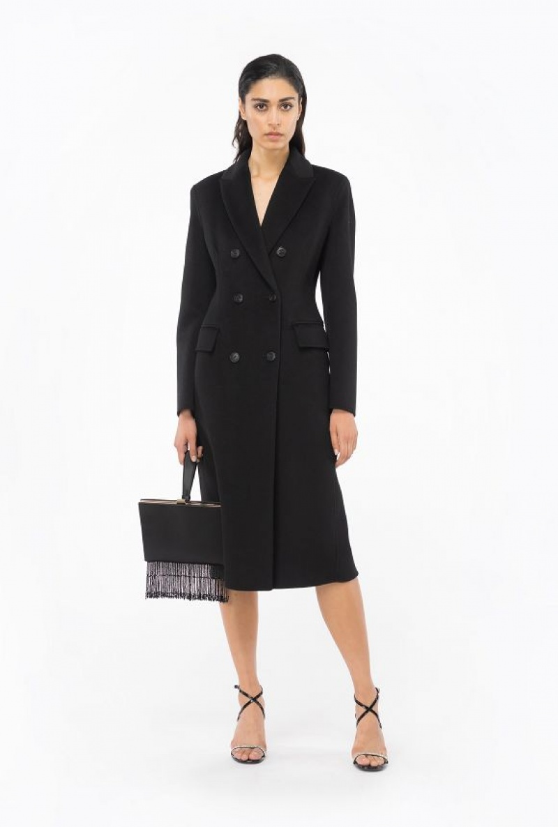 Pinko Long Coat In Double-layered Wool Cloth LIMO BLACK | SN-PKO33662