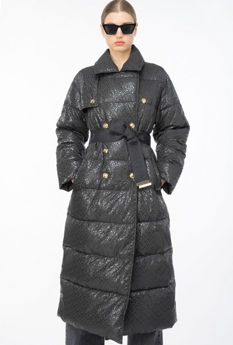 Pinko Long Down Jacket With Glossy Logo Print LIMO BLACK | SN-PKO33653