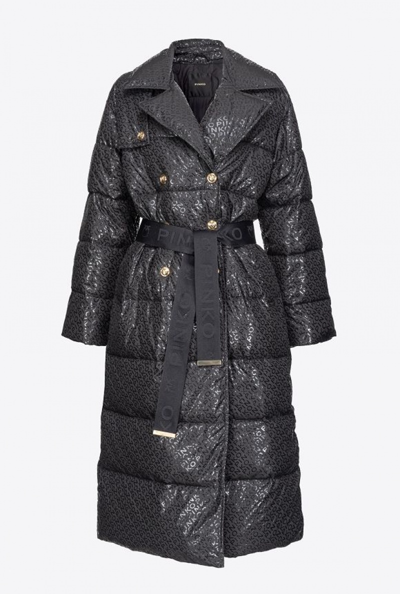 Pinko Long Down Jacket With Glossy Logo Print LIMO BLACK | SN-PKO33653