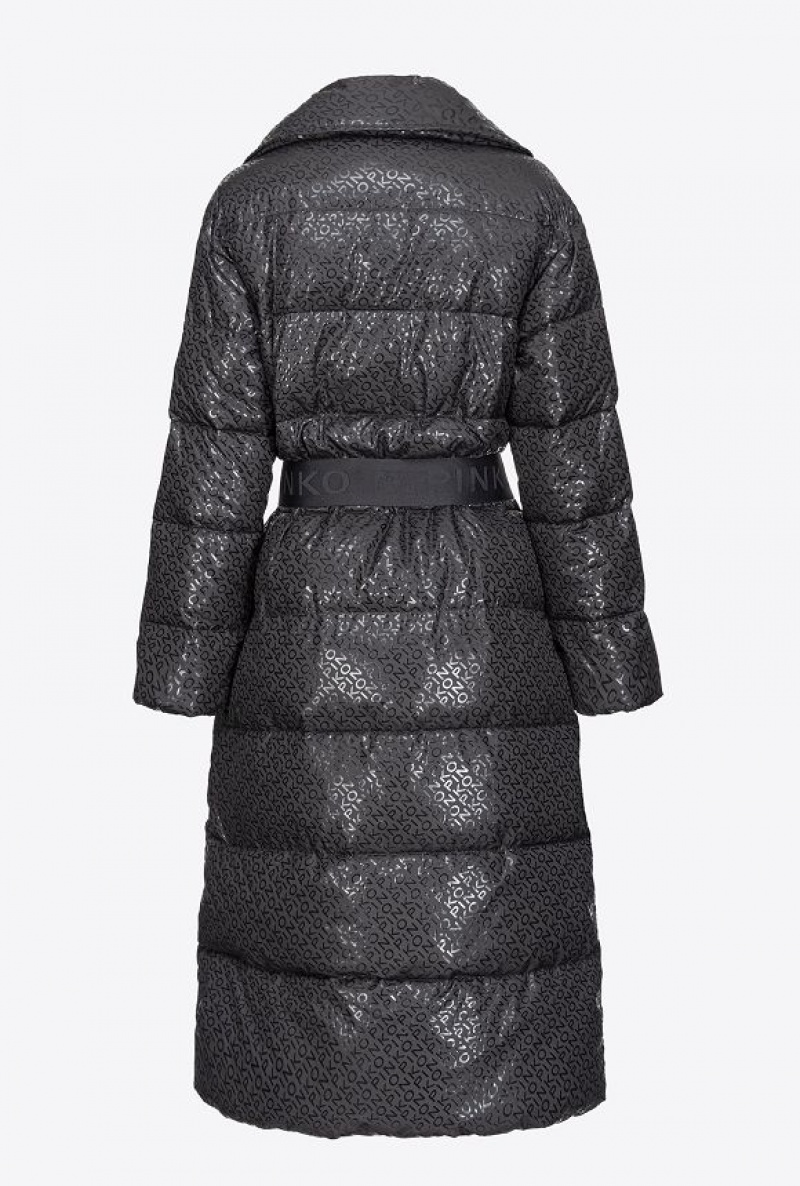 Pinko Long Down Jacket With Glossy Logo Print LIMO BLACK | SN-PKO33653