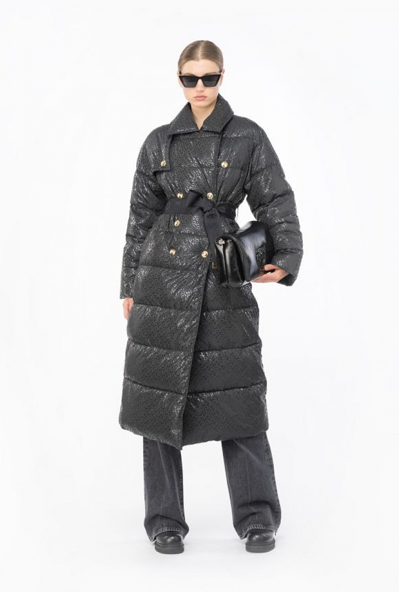 Pinko Long Down Jacket With Glossy Logo Print LIMO BLACK | SN-PKO33653