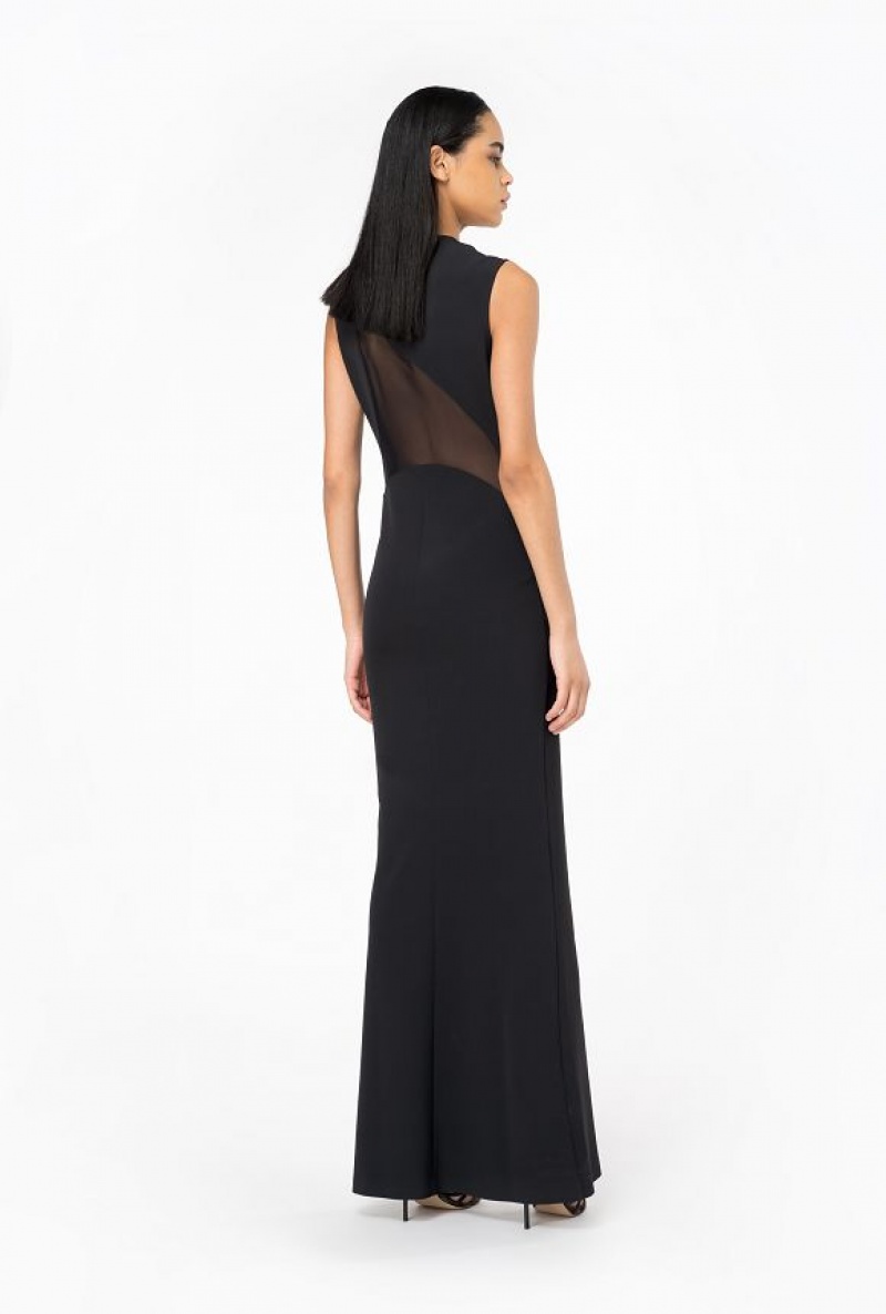 Pinko Long, Elegant Dress With Tulle Insert LIMO BLACK | SN-PKO32975