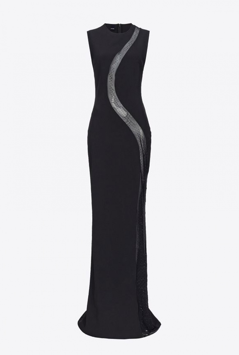 Pinko Long, Elegant Dress With Tulle Insert LIMO BLACK | SN-PKO32975