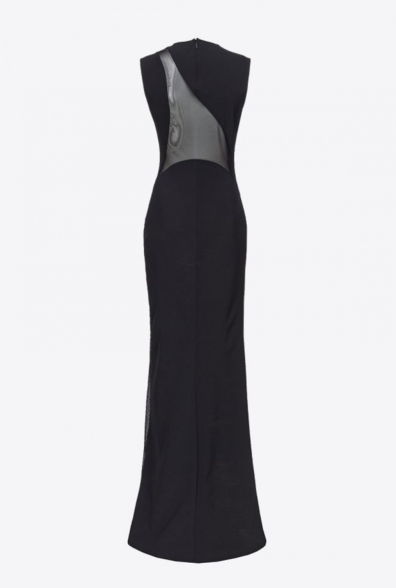 Pinko Long, Elegant Dress With Tulle Insert LIMO BLACK | SN-PKO32975