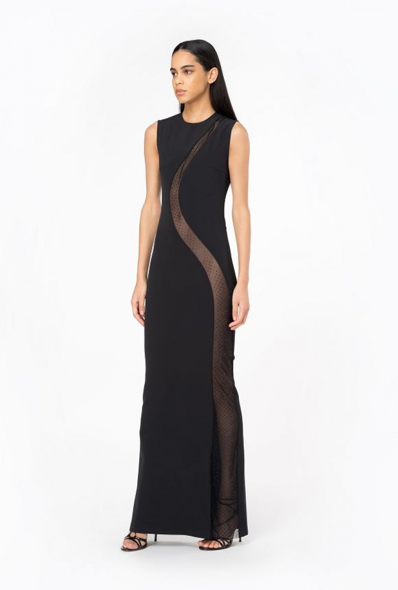 Pinko Long, Elegant Dress With Tulle Insert LIMO BLACK | SN-PKO32975