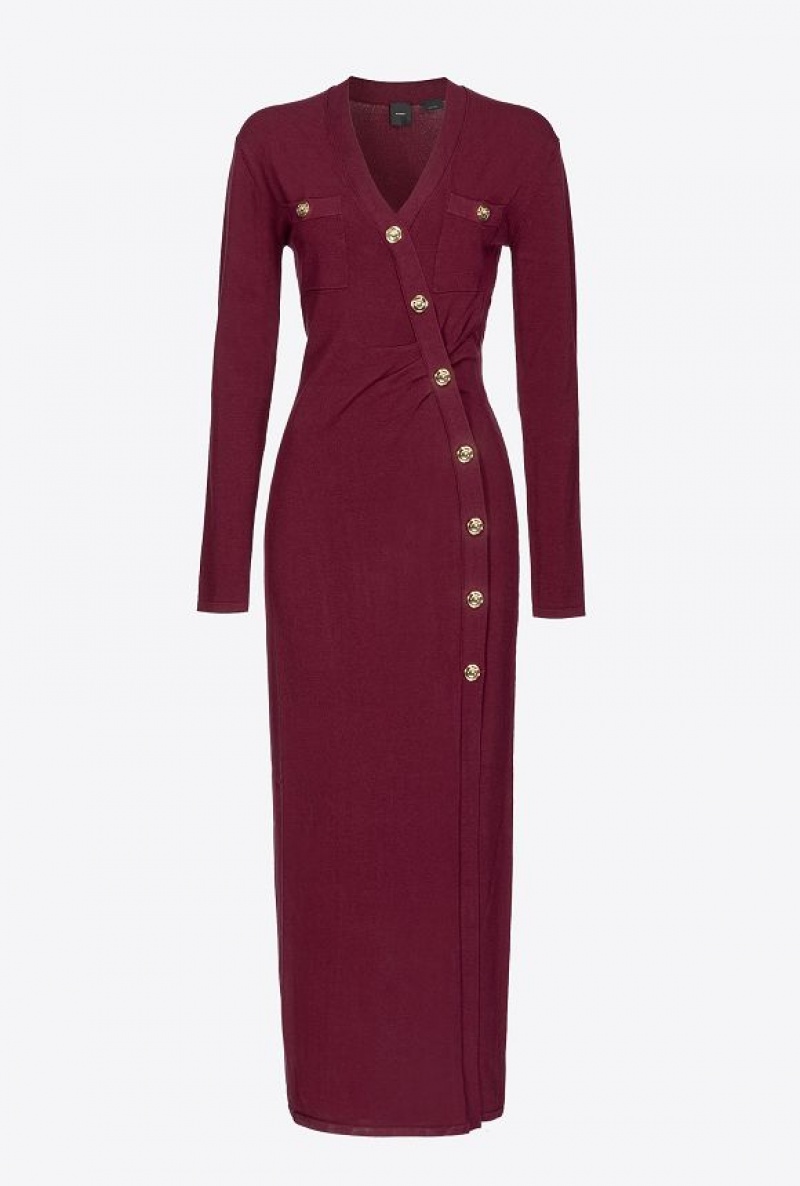 Pinko Long Knit Dress With Golden Buttons BURGUNDY-PORT ROYALE | SN-PKO33088