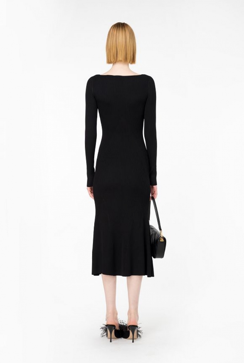 Pinko Long Ribbed Knit Dress LIMO BLACK | SN-PKO32971