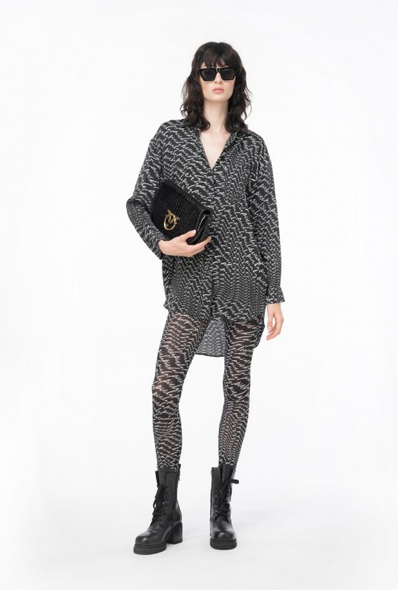 Pinko Long Shirt With Fluid Logo Print BLACK/WHITE | SN-PKO33159