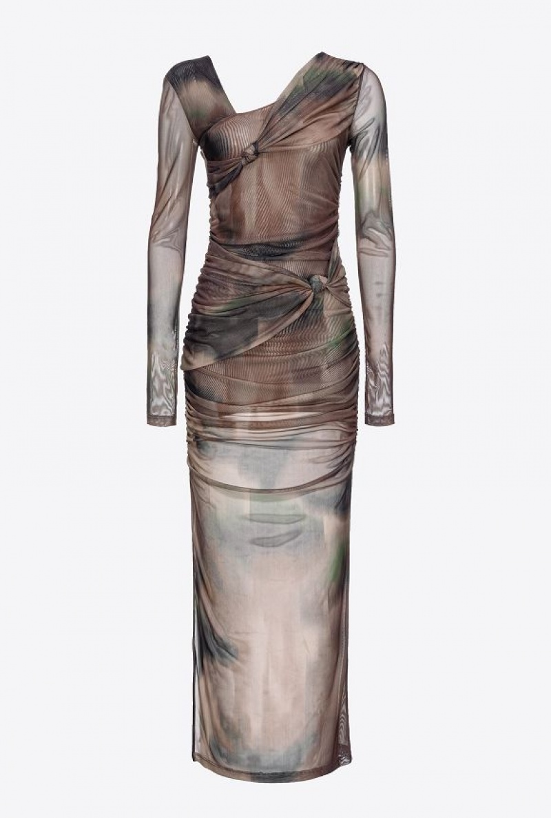 Pinko Long Tie-dye Tulle Dress BROWN/GREEN | SN-PKO33127