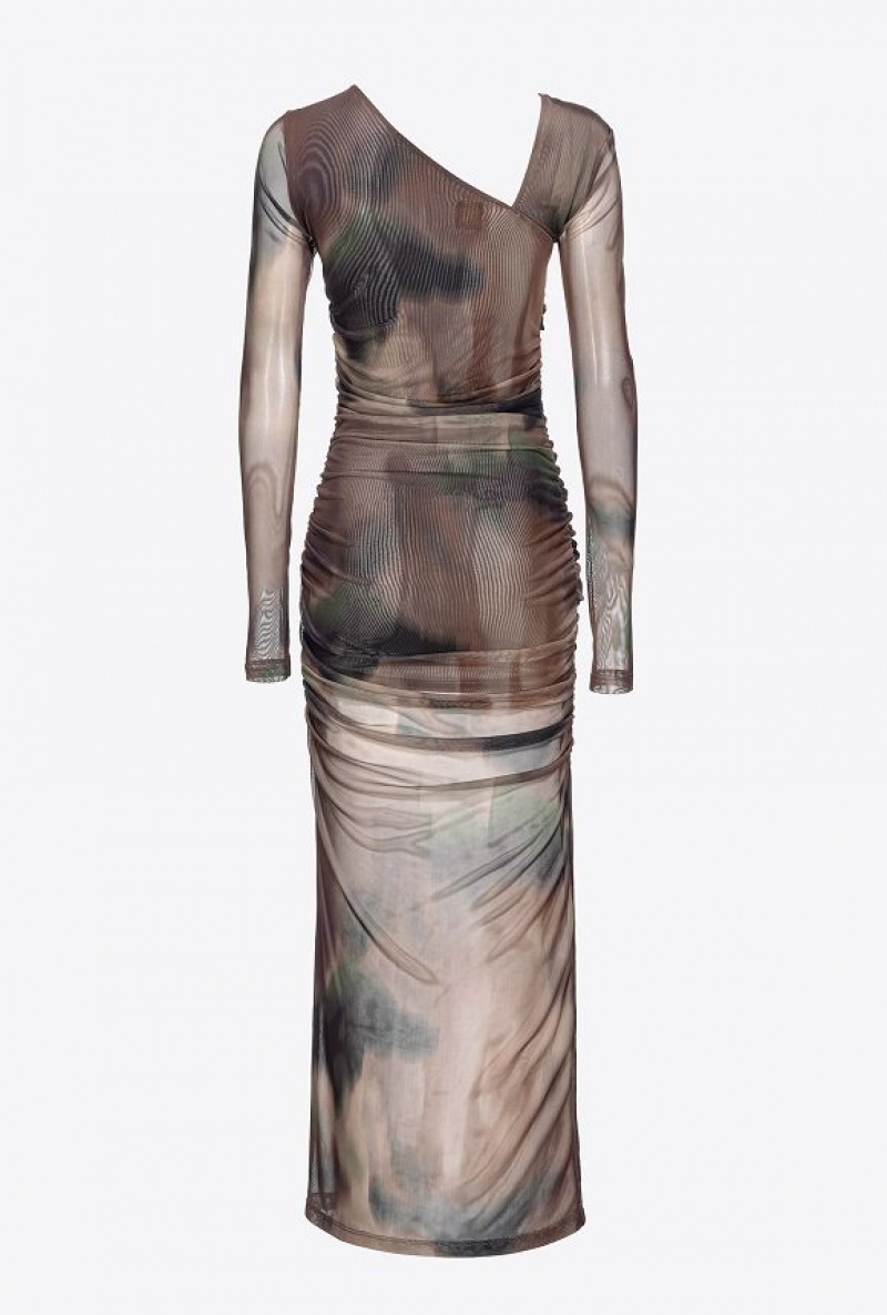 Pinko Long Tie-dye Tulle Dress BROWN/GREEN | SN-PKO33127