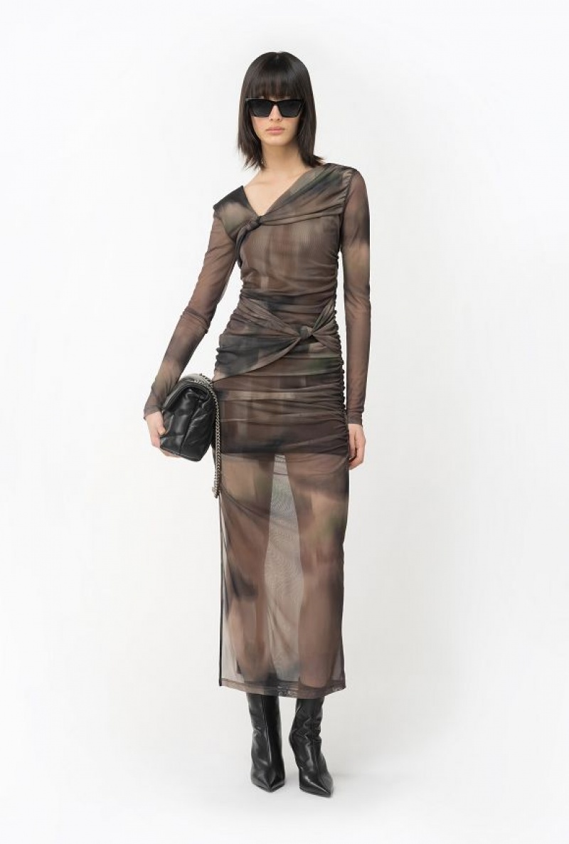 Pinko Long Tie-dye Tulle Dress BROWN/GREEN | SN-PKO33127