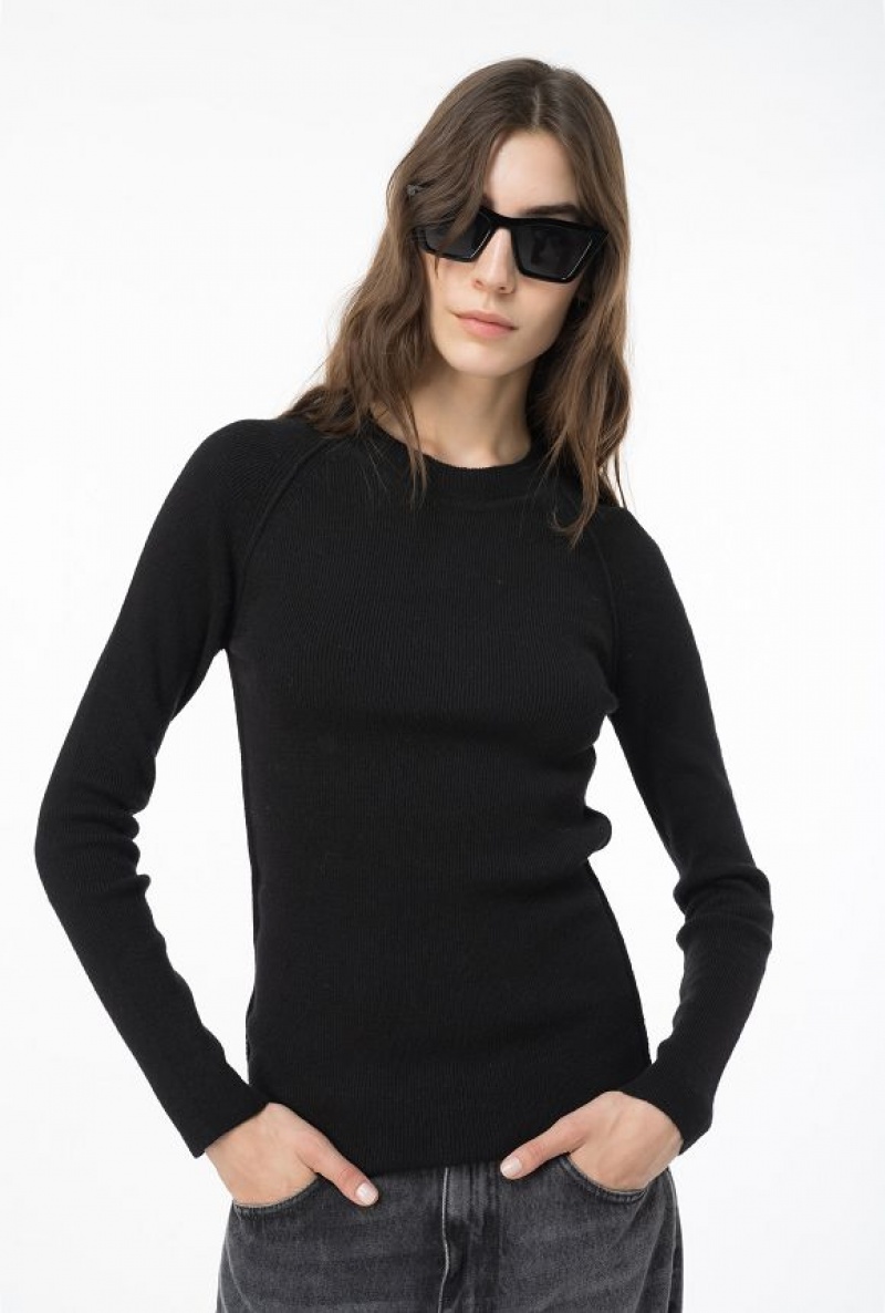 Pinko Long-sleeved Rib-knit Top LIMO BLACK | SN-PKO33434