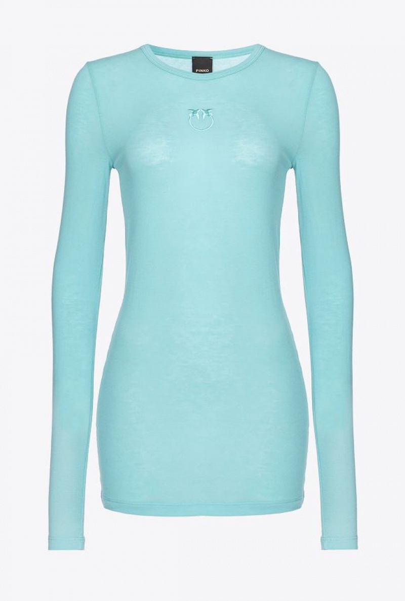 Pinko Long-sleeved Sweater With Love Birds Embroidery TURQUOISE BLUE | SN-PKO33212