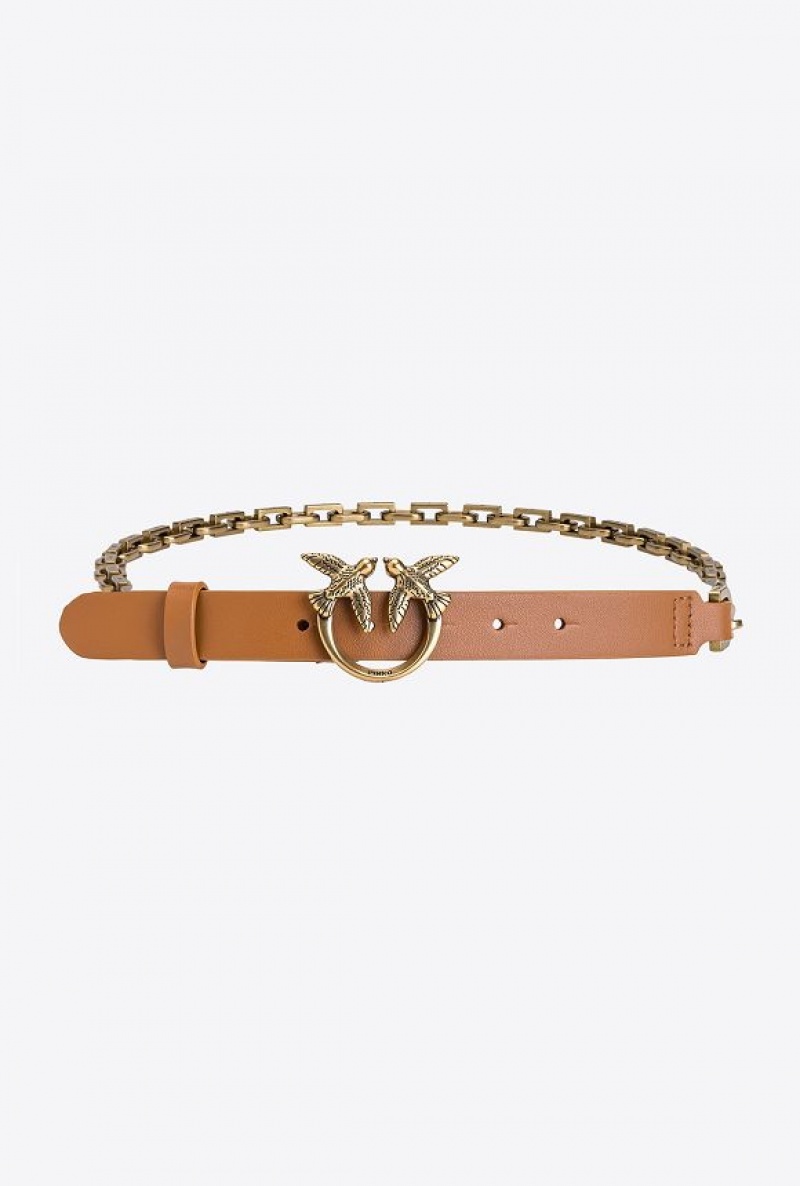 Pinko Love Birds Belt With Chain COGNAC-ANTIQUE GOLD | SN-PKO34167