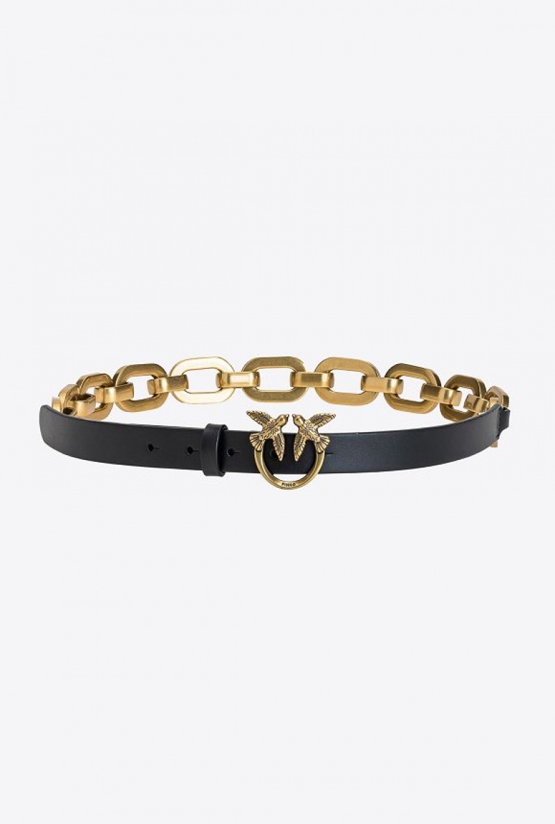 Pinko Love Birds Belt With Large Chain BLACK-ANTIQUE GOLD | SN-PKO34211