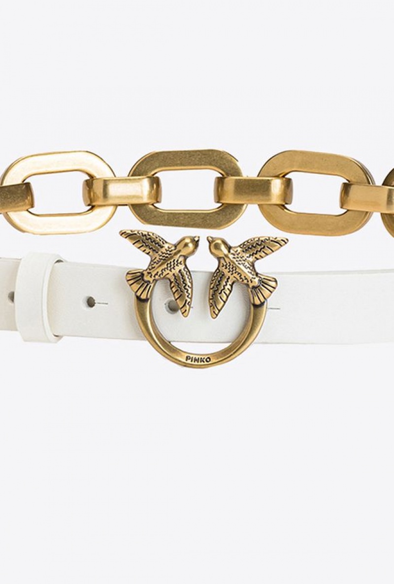 Pinko Love Birds Belt With Large Chain WHITE+WHITE-ANTIQUE GOLD | SN-PKO34210