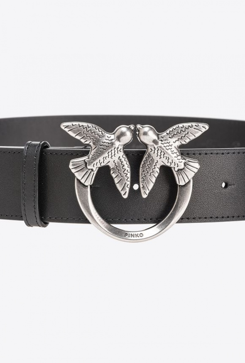 Pinko Love Birds High Leather Belt 4cm BLACK-OLD SILVER | SN-PKO34253