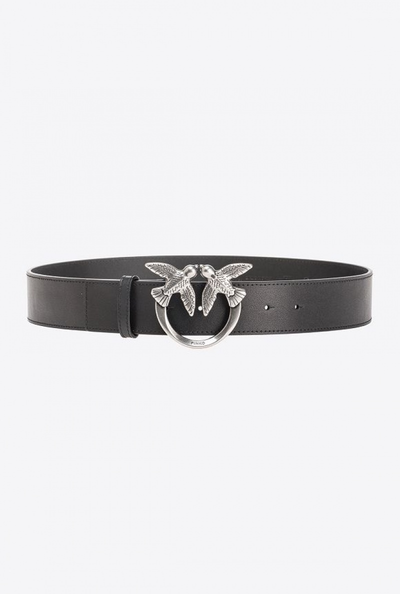 Pinko Love Birds High Leather Belt 4cm BLACK-OLD SILVER | SN-PKO34253