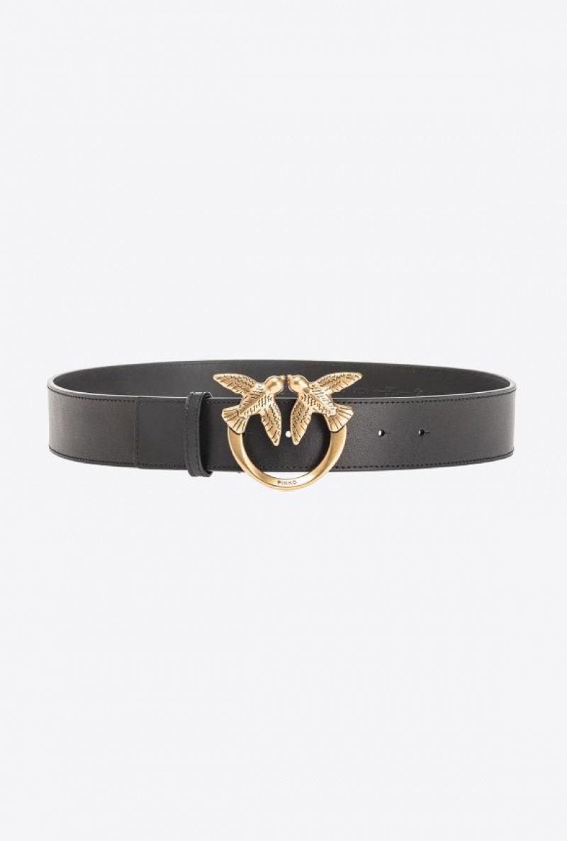 Pinko Love Birds High Leather Belt 4cm BLACK-ANTIQUE GOLD | SN-PKO34257