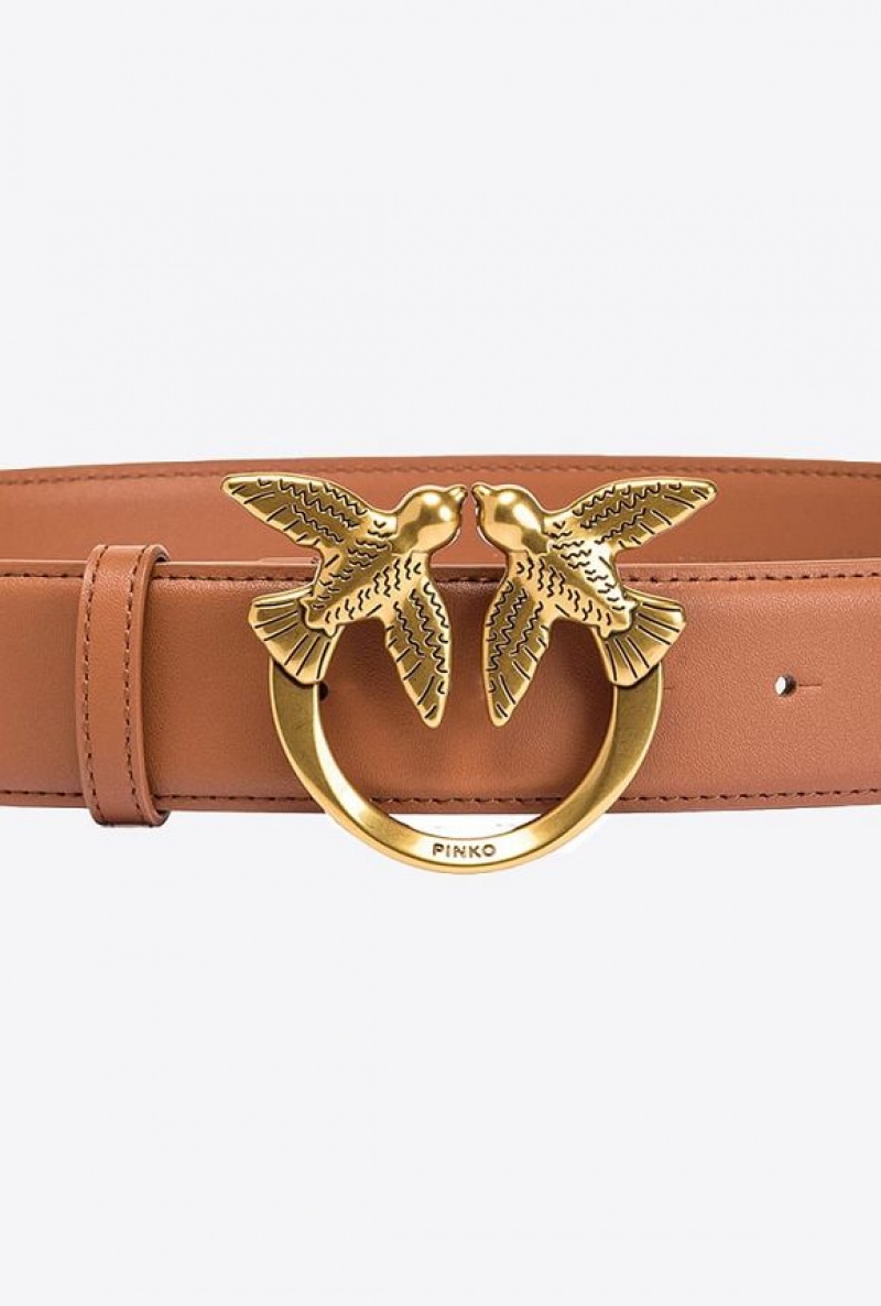 Pinko Love Birds High Leather Belt 4cm TAN ANTIQUE GOLD | SN-PKO34228