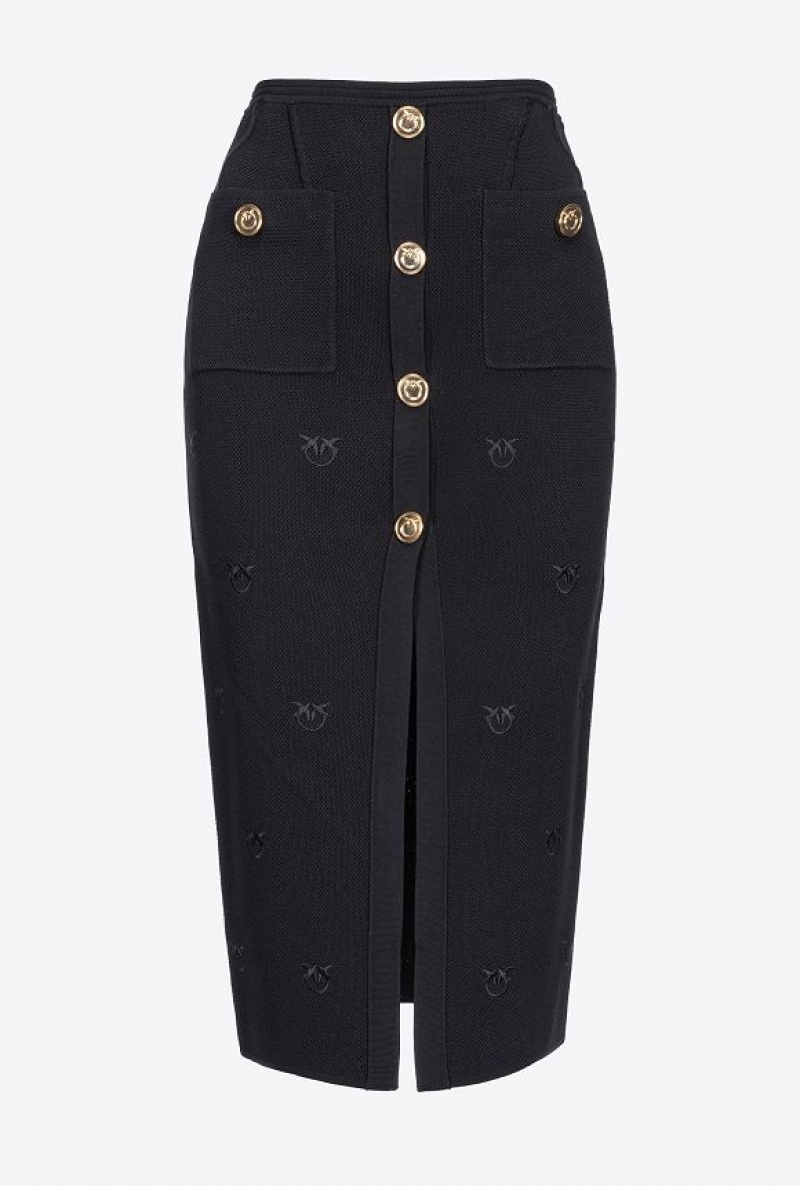 Pinko Love Birds Jacquard Calf-length Skirt LIMO BLACK | SN-PKO33868