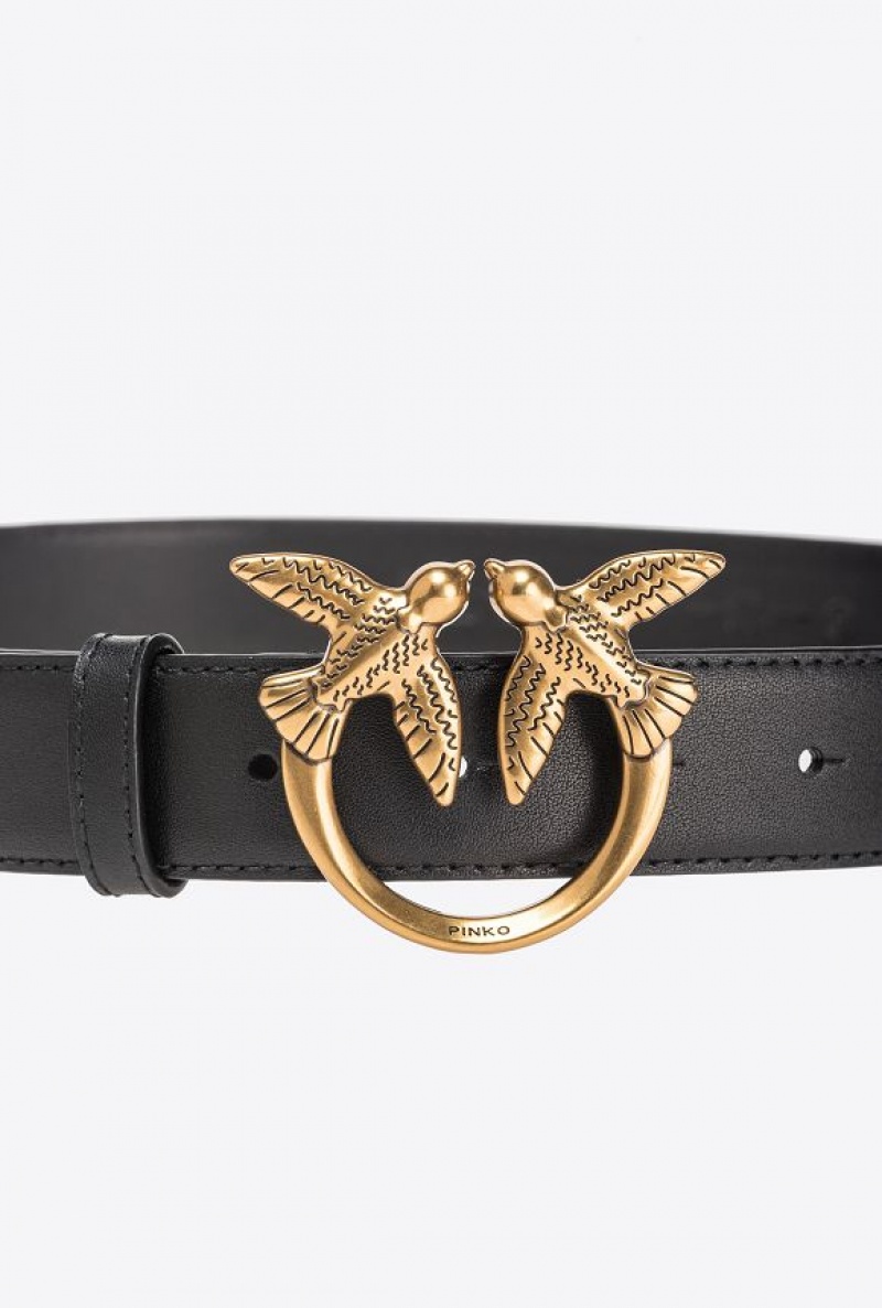 Pinko Love Birds Leather Belt 3cm BLACK-ANTIQUE GOLD | SN-PKO34256