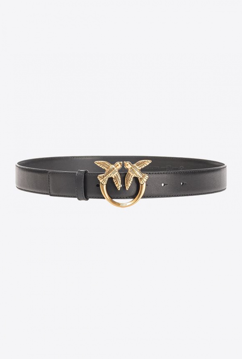 Pinko Love Birds Leather Belt 3cm BLACK-ANTIQUE GOLD | SN-PKO34256