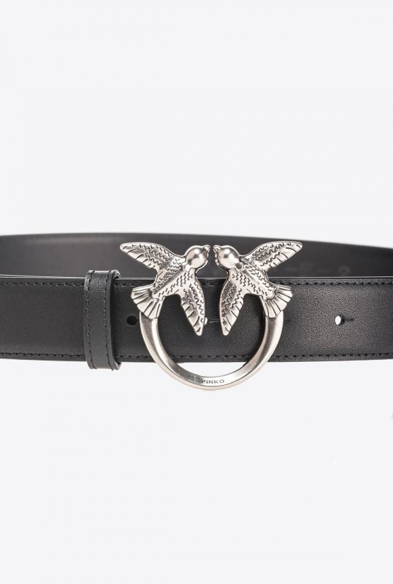 Pinko Love Birds Leather Belt 3cm BLACK-OLD SILVER | SN-PKO34252