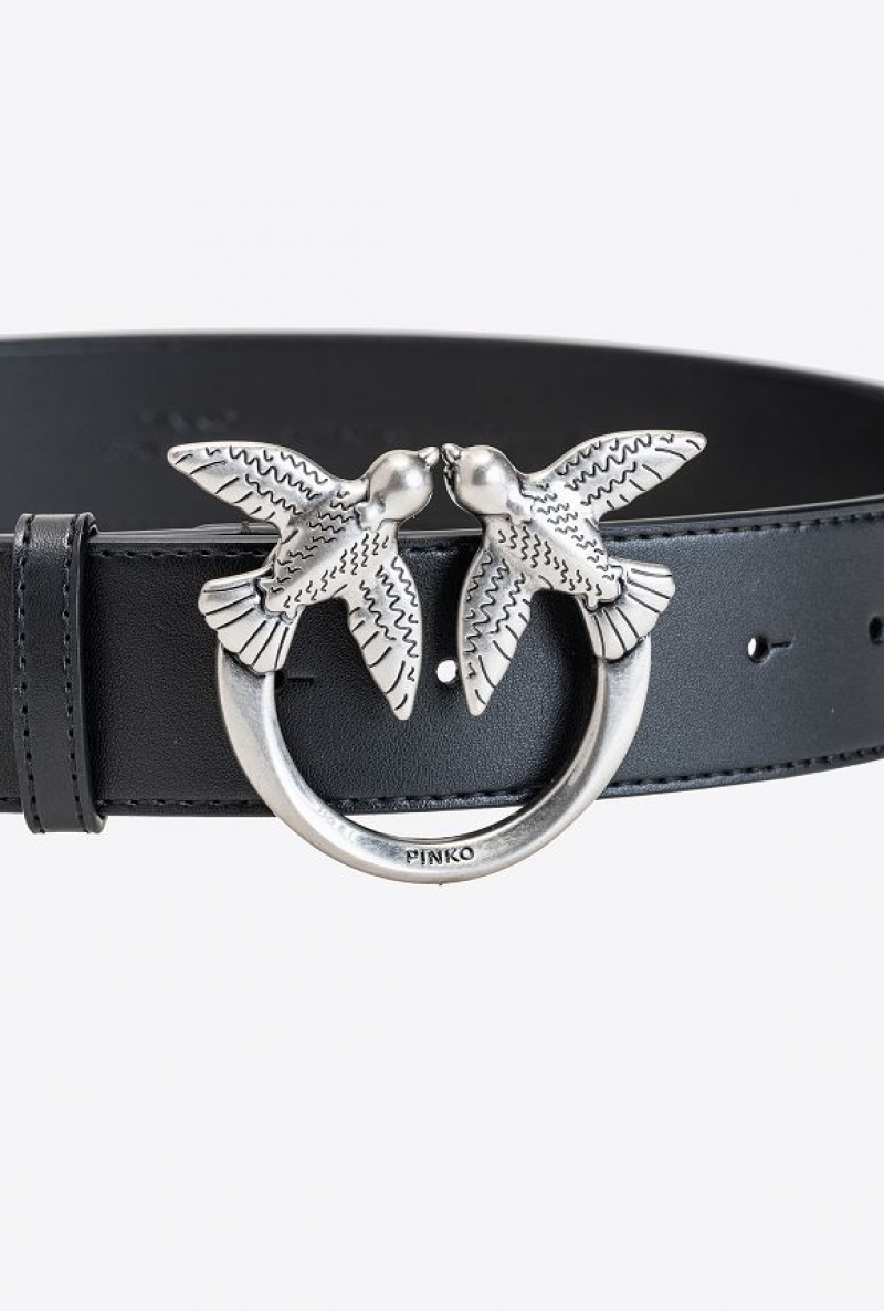 Pinko Love Birds Leather Belt BLACK-OLD SILVER | SN-PKO34196