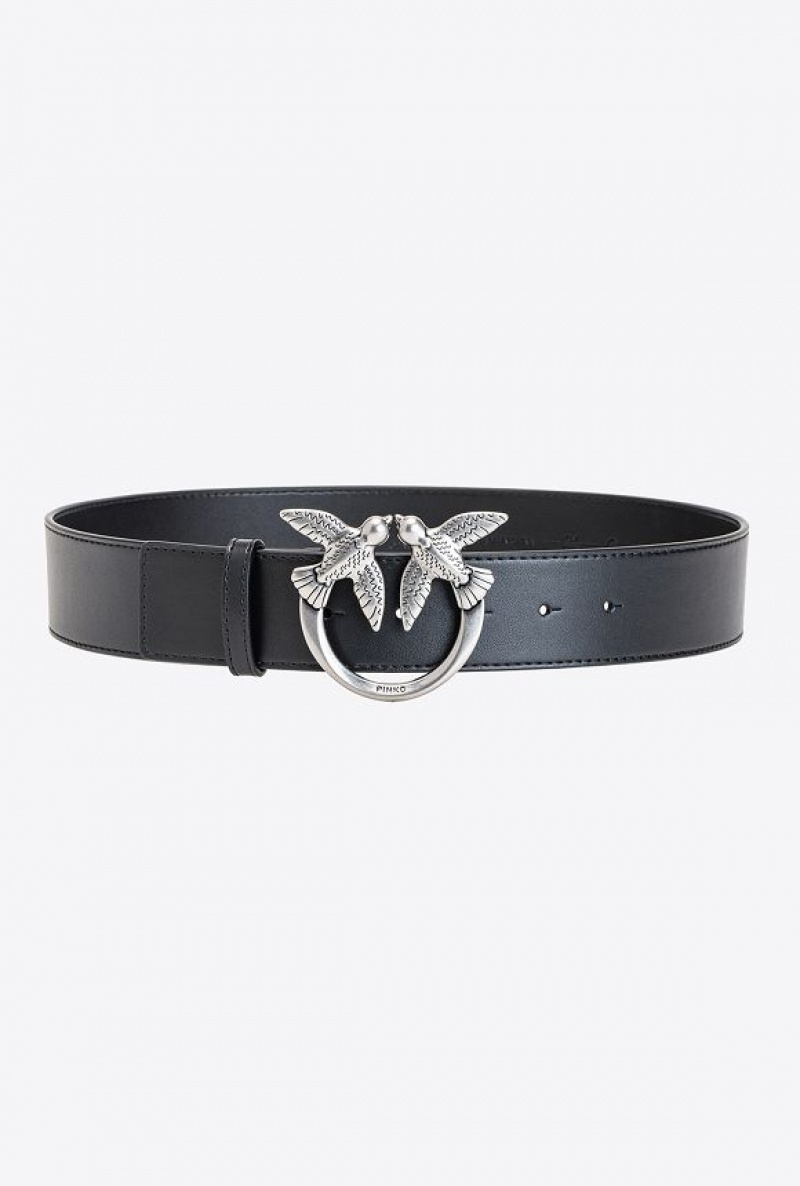 Pinko Love Birds Leather Belt BLACK-OLD SILVER | SN-PKO34196