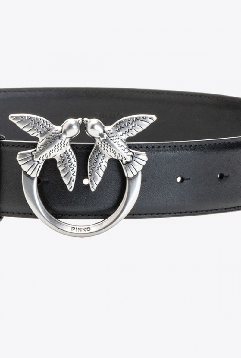 Pinko Love Birds Leather Belt BLACK-OLD SILVER | SN-PKO34197