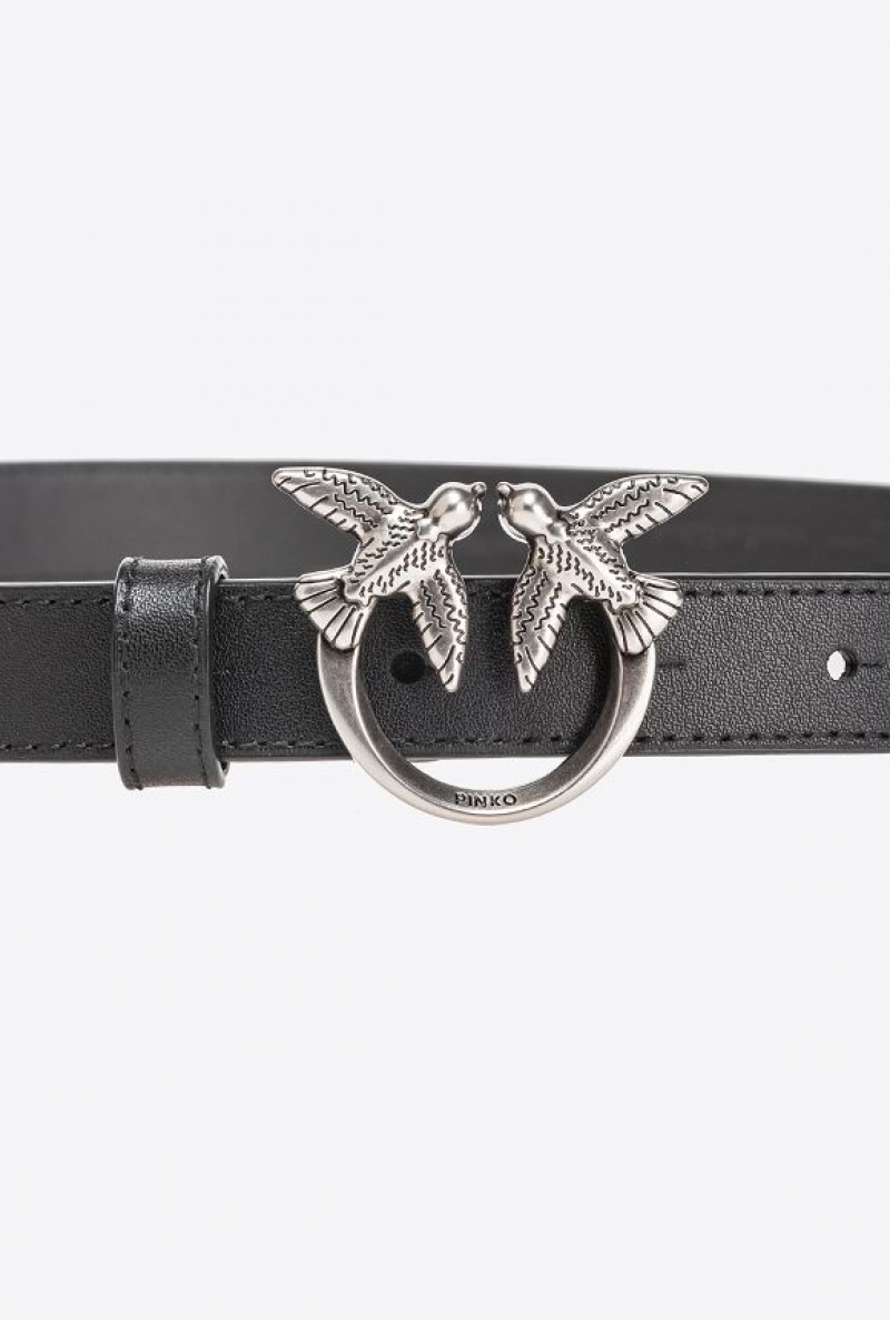 Pinko Love Birds Thin Leather Belt 2cm BLACK-OLD SILVER | SN-PKO34251