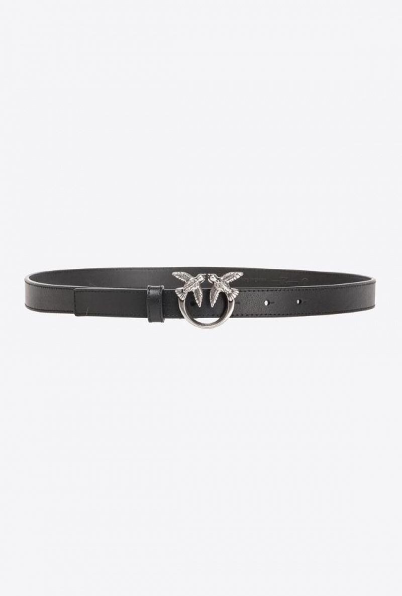 Pinko Love Birds Thin Leather Belt 2cm BLACK-OLD SILVER | SN-PKO34251