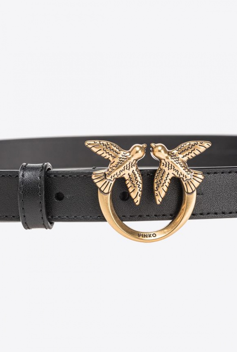 Pinko Love Birds Thin Leather Belt 2cm BLACK-ANTIQUE GOLD | SN-PKO34255