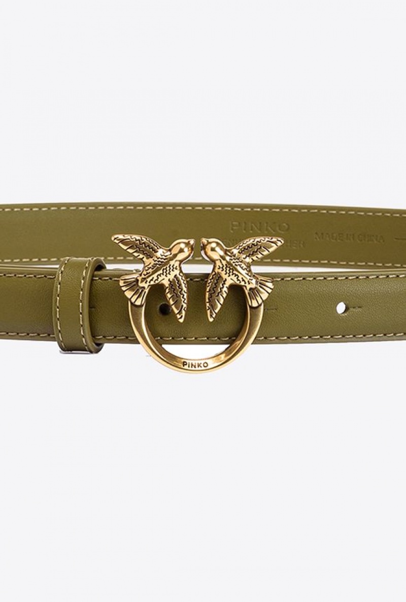 Pinko Love Birds Thin Leather Belt 2cm FIR GREEN-ANTIQUE GOLD | SN-PKO34235