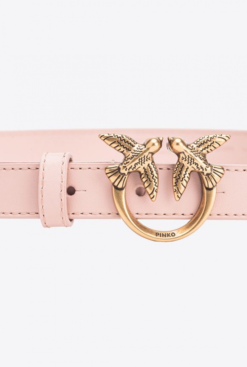 Pinko Love Birds Thin Leather Belt 2cm PINK/DUSTY PINK-ANTIQUE GOLD | SN-PKO34237